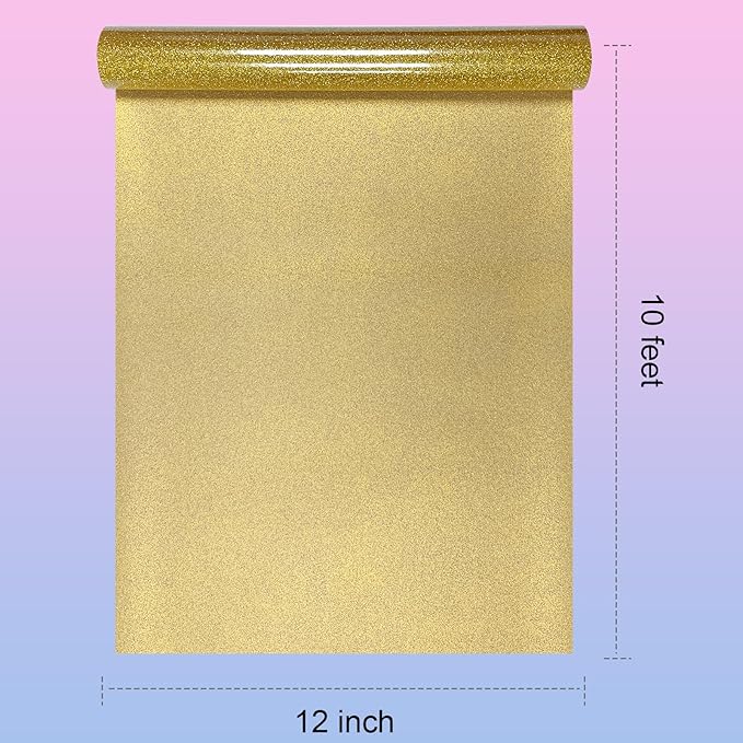 Glitter HTV Heat Transfer Vinyl Rolls- 12" x 10ft. Glitter Iron on Vinyl for DIY T-Shirts, Glitter for All Cutters, Heat Transfer Vinyl (Gold)
