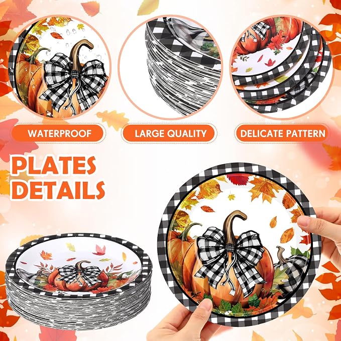 Funnymoom 60 Pcs 7 Inch Fall Pumpkin Paper Plates Thanksgiving Black Buffalo - Image 3