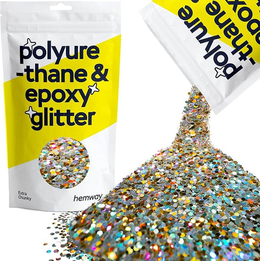 Hemway Polyurethane & Epoxy Resin Glitter 100g / 3.5oz Metallic Crystal Flake Additive for Flooring Jewelry Tumblers Glass Pigment - Extra Chunky (1/24" 0.040" 1mm) - Gold Silver Holographic