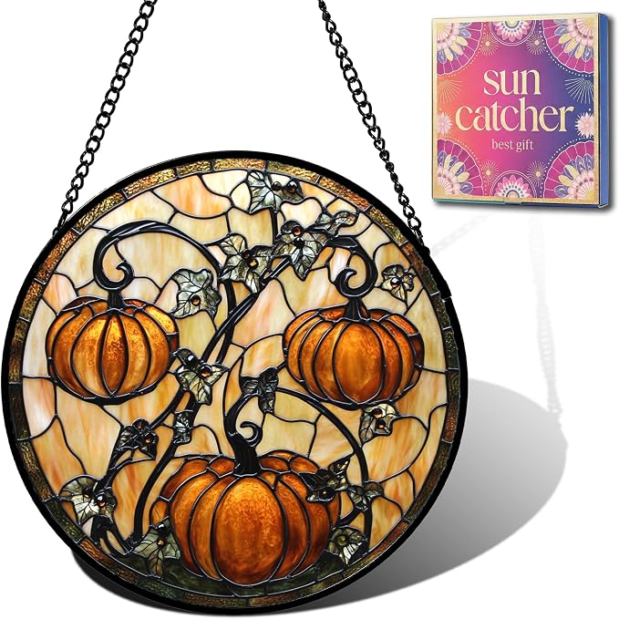 Orange Pumpkin Acrylic Suncatcher Faux Stained Glass Window Hanging 7.8" | by Unknown