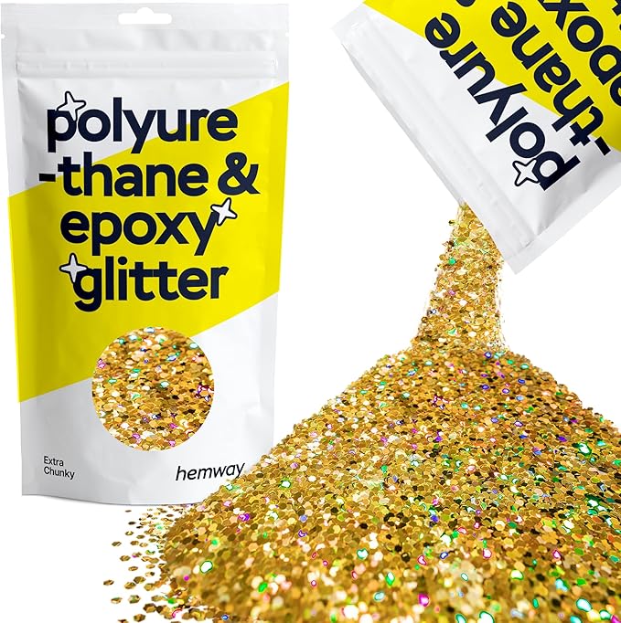 Hemway Polyurethane & Epoxy Resin Glitter 100g / 3.5oz Metallic Crystal Flake Additive for Flooring Jewelry Tumblers Glass Pigment - Extra Chunky (1/24" 0.040" 1mm) - Gold Holographic