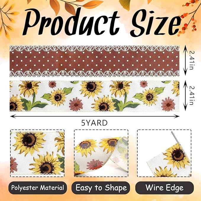 2 Rolls 10 Yard Thanksgiving Fall Wired Ribbon for Crafts Wreath Bow Making Sunflower Dot Ribbon Autumn Harvest Burlap Ribbon for Wrapping Thanksgiving Party Home Decoration 2.5''