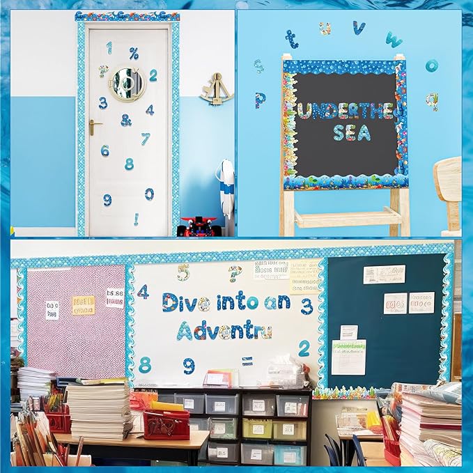 221 Pcs Bulletin Board Letters Round Alphabet Number Punctuation Symbol Combo Letter Cutouts Classroom Decoration for School Classroom Chalkboard Poster Board(Ocean Round)