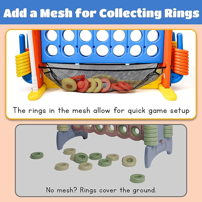 Giant 4 in a Row Connect Game with Mesh Fabric | Height Adjustable 4-in-1 Jumbo 4-to-Score Yard Game Set with Basketball, Golf & Ring Toss | Outdoor Indoor Family Yard Party Game for Kids & Adults