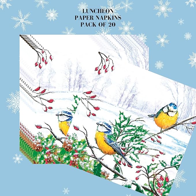 20-ct 13x13 Christmas Paper Decoupage Napkins, 3-Ply Servilletas Tissue Napkin for Dinner and Parties, Disposable Napkins (Winter Tits)