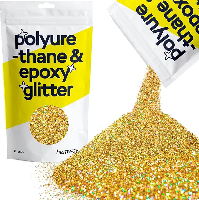 Hemway Polyurethane & Epoxy Resin Glitter 100g / 3.5oz Metallic Crystal Flake Additive for Flooring Jewelry Tumblers Glass Pigment - Chunky (1/40" 0.025" 0.6mm) - Gold Holographic