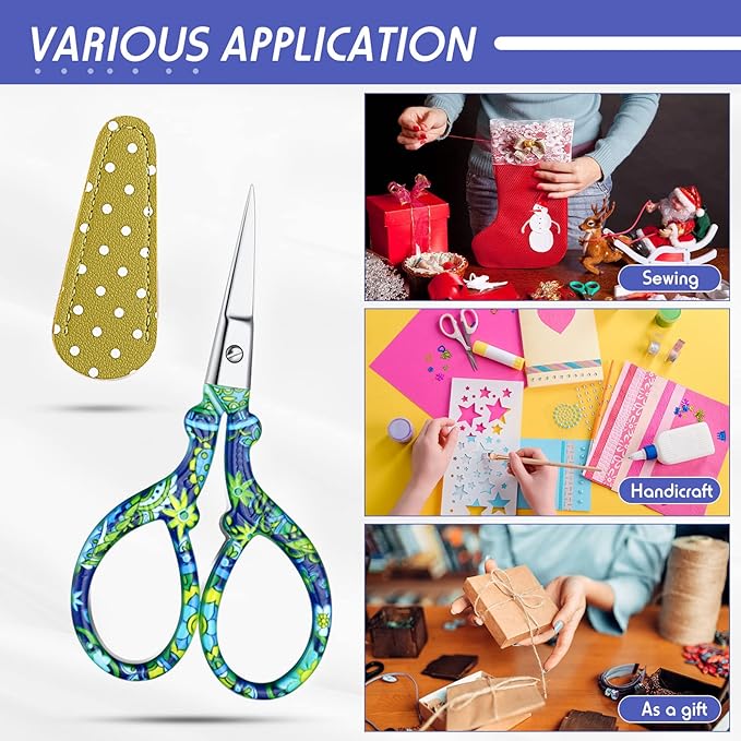 Honoson 4 Pcs Sewing Embroidery Scissors with 4 Pcs Artificial Leather Cover 3.6 Inch Stainless Steel Stork Scissors Vintage Embroidery for Needlework Manual Sewing Handicraft(Fresh Colors)
