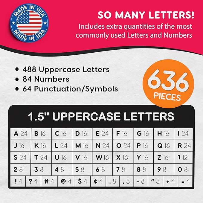 FreshCut Crafts 636 Pcs 1.5 in. Red Bulletin Board Letters & Numbers, Capital Alphabet, Numbers, Punctuation, US Made Card Stock Punch Out Letters for Posters, Bulletin Boards, Classroom