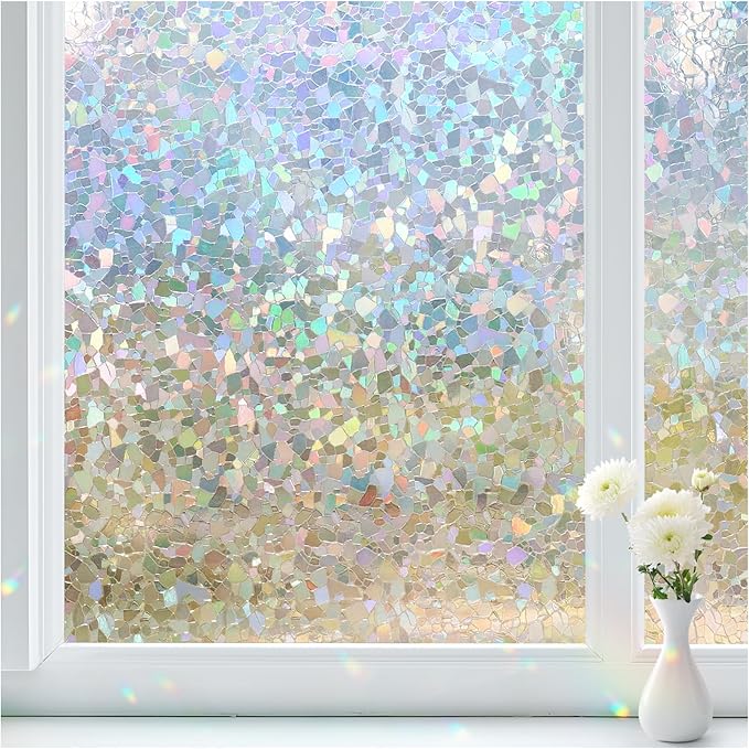 Haton Window Privacy Film, Rainbow Stained Glass Window Clings, 3D Decorative UV Sun Blocking Sticker, Removable Static Cling Heat Control Tint for Home Door, 35.4" x 157.4" Non-Adhesive