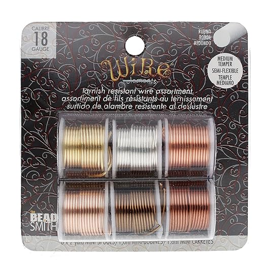 The Beadsmith Craft Wire Assortment - Tarnish-Resistant Copper Wire for Jewelry Making, 6-Pack, 0.75-Inch Mini Spools, 2 Yd Each, 18-Gauge, Assorted Colors, Medium Temper