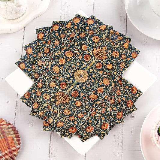 100 Pack William Morris Guest Napkins Vintage Floral Blue Paper Napkins Disposable Paper Hand Towels Dinner Baby Shower Party Supplies Decorative Napkins - 4.3 X 7.8 Inches