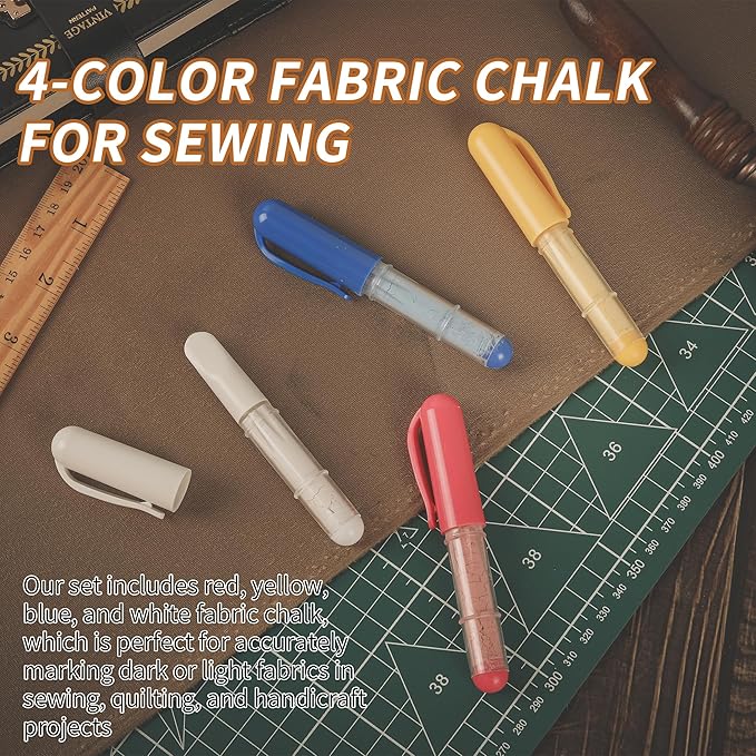 (3-pack) Fabric Chalk Markers -Erase Tailor’s Chalk for Quilting and Sewing - Compatible with Most Fabrics - With Dosing Wheel Technology, Red, Blue, White