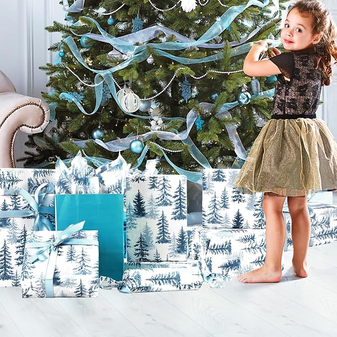 100 Sheets Christmas Tree Tissue Paper, 20x14in Forest Style Wrapping Tissue Watercolor Xmas Tree Art Tissue for Xmas Party Gift Bag Fillers Winter Party Decor (Blue)