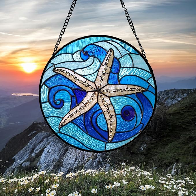 DASTOLL Stained Glass Window Hanging 4 Pcs Set Blue Ocean Waves 9.8" - Image 3