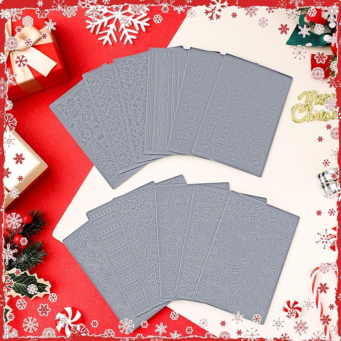 12 Pcs Christmas Polymer Clay Texture Sheets - Cute Texture Mat for Embossing, DIY Tools for Snowman Elf Clay Earring Jewelry Making