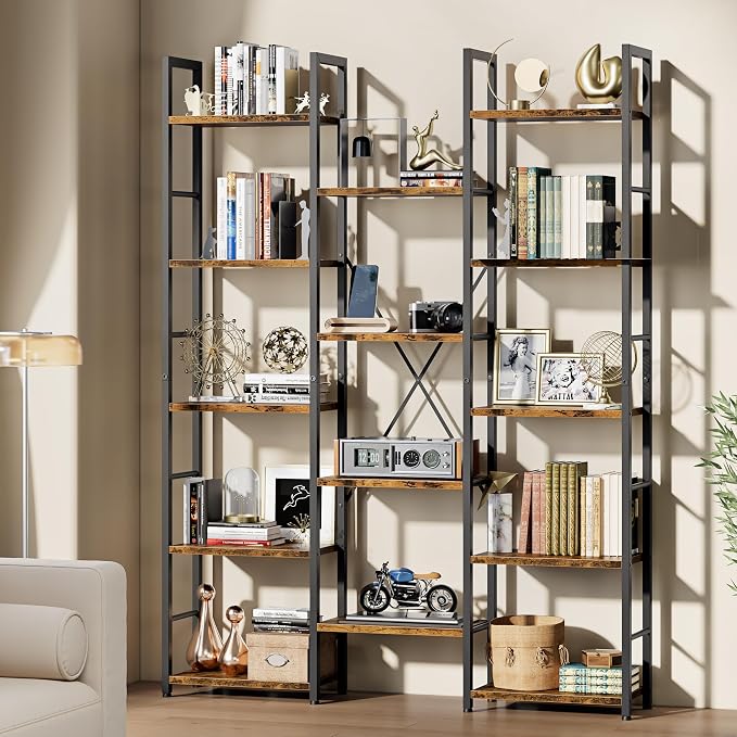 Shintenchi Triple Column 5 Tier Bookshelf, Industrial Large Bookcase Display - Image 2
