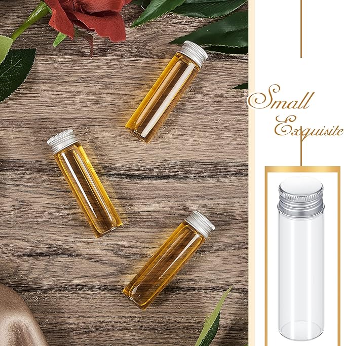 100 Pcs Small Clear Vials Spice Mini Jars with Lids Mini Glass Bottles with Screw Aluminum Metal Caps Tiny Jars Sample Containers for Powder Cream Cosmetic Jewelry Wedding (20 ml,Silver Caps)