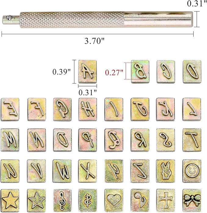 Yoption 37 Pieces Leathercarft Stamping Tool Set, 26 Letters Alphabet & 10 Patterns Stamping Tool 6mm +1 Stamping Handle for Leather Craft