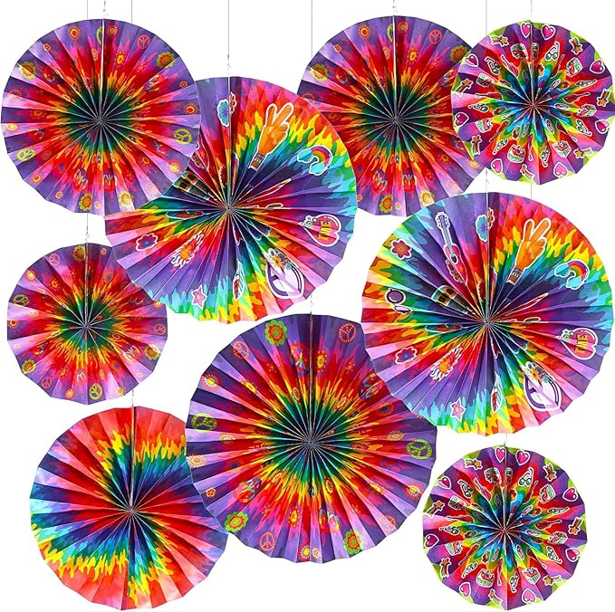 Outus Tie Dye Party Supplies Groovy Hippie Hanging Paper Fans Classroom by Outus