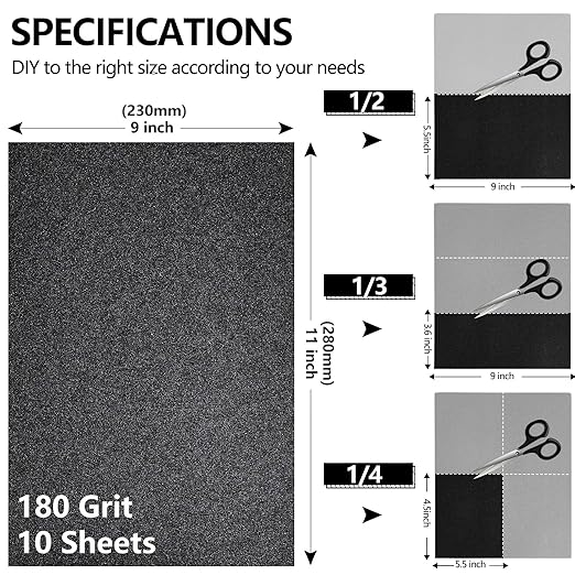 180 Grit Sandpaper, 9 x 11 Inch Wet Dry Sand Paper Hand Abrasive Sanding Sheets for Wood Metal Automotive Sanding and Polishing, Coarse - 10 Sheets