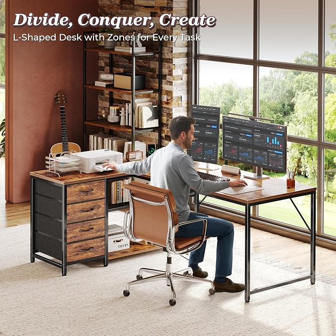 PRAISUN 53" L Shaped Desk with Power Outlets & USB-C Port, Reversible Computer - Image 3