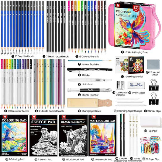 133 PCS Art Supplies Sketching Kit, Pro Drawing Pencils with Sketchbook, Coloring Book, Watercolor Pad, Black Paper Pad, Colored Graphite Charcoal Watercolor & Metallic Pencils for Artists Adults Kids