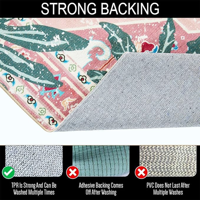 Hippie Rugs, 2x3 Faux Wool Tropical Pink Boho Throw Rugs for Bathroom Kitchen Small Indoor Entryway Rug Modern Vintage Distressed Indian Accent Floor Mat Non-Slip Washable