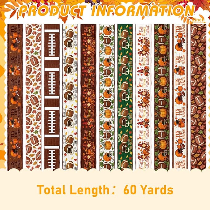 12 Rolls Fall Football Wired Edge Ribbon for Wreaths 2 Inch x 60 Yards Maple Leaves Pumpkin Football Print Ribbon Crafts for Thanksgiving Harvest Party Decorative Supplies, 12 Styles