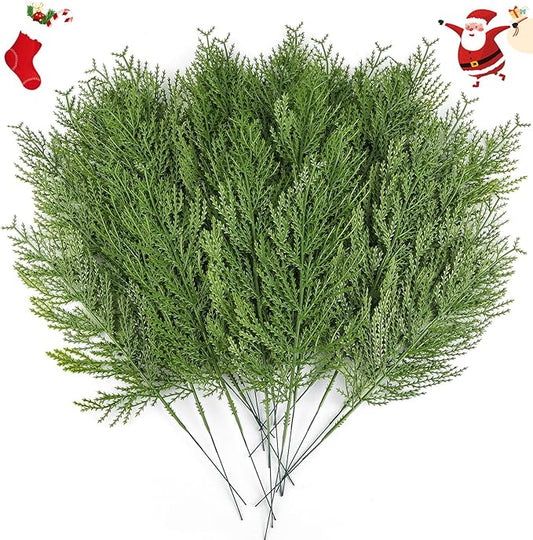 Hananona 40 Pcs Artificial Cedar Picks Faux Cedar Branches Fake Cypress Stems Plastic Pine Greenery Christmas Picks and Sprays DIY Accessories for Crafts Wreath Holiday Home Decor (40, Green)
