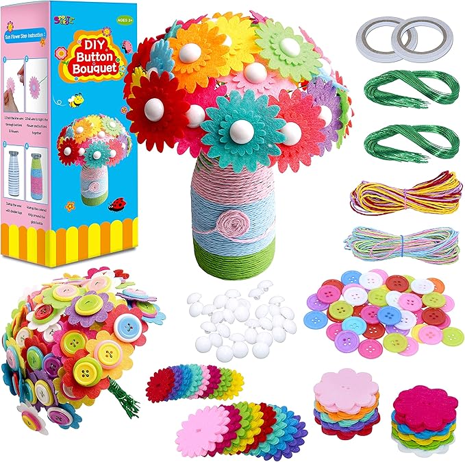 SpriteGru Flower Craft Kit for Kids,Make Your Own Flower Bouquet with Buttons,DIY Activity Gift for Boys & Girls Age 4 5 6 7 8 9 10 Year Old(2 Bouquets and 1 Glass Vase)