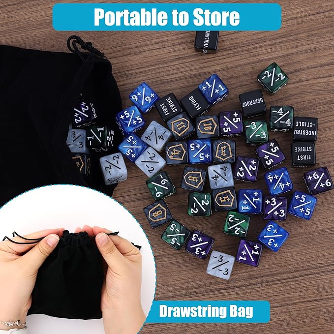 60PCS MTG Counters Set, Anglekai MTG Dice Counters for TCG Card Games, 10P Life Ability Keywords/ 40P -1/+1 Buff Tokens/ 10P Shield/Bag