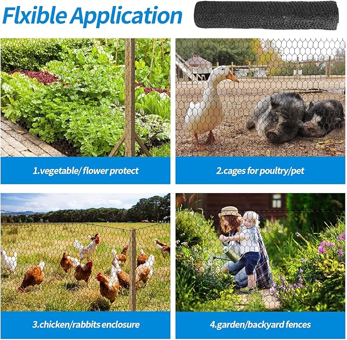 24'' x 150' Black Chicken Wire Mesh Fence, 20 Gauge Galvanized Poultry Netting and 1 inch Garden Mesh Fence Roll, Chicken Wire for Floral Arrangements/Crafts/Farm/Livestock/Pet Protection