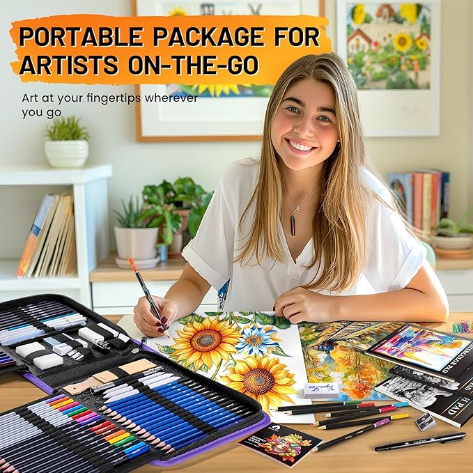 133 PCS Art Supplies Sketching Kit, Pro Drawing Pencils with Sketchbook, Coloring Book, Watercolor Pad, Black Paper Pad, Colored Graphite Charcoal Watercolor & Metallic Pencils for Artists Adults Kids