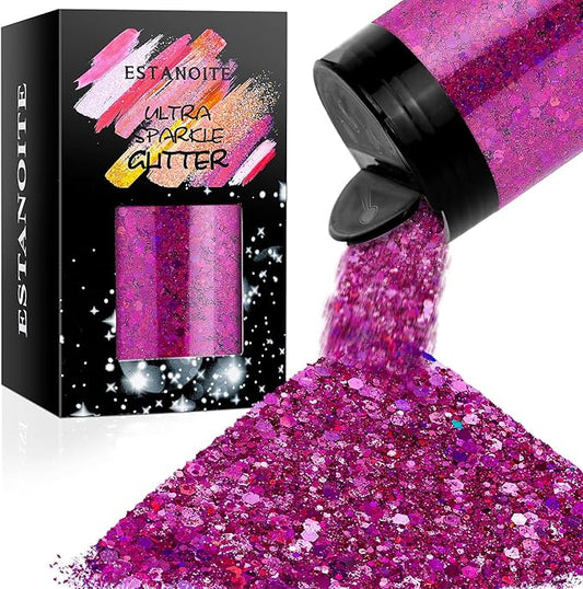 Holographic Chunky Glitter, 5.64oz/160g Craft Glitter Powder Mixed Chunky & Fine Flakes, Iridescent Sequins for Nail Art, Hair, Body, Eye Epoxy Resin, Tumblers, Painting, Festival Decor (Fuchsia)