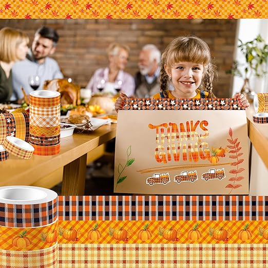 12 Pcs Thanksgiving Washi Tape Fall Maple Leaf Masking Tape Pumpkin Pattern Decorative Paper Sticker for Fall Party Holiday Scrapbook DIY Craft Gift Wrapping Handbook Sticker