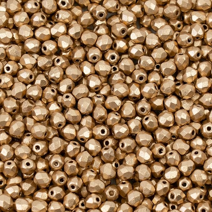 0.88oz (600+ pcs) Faceted Fire Polished Pressed Czech Glass Beads 3mm (0.12in), Aztec Pale Gold - 01710