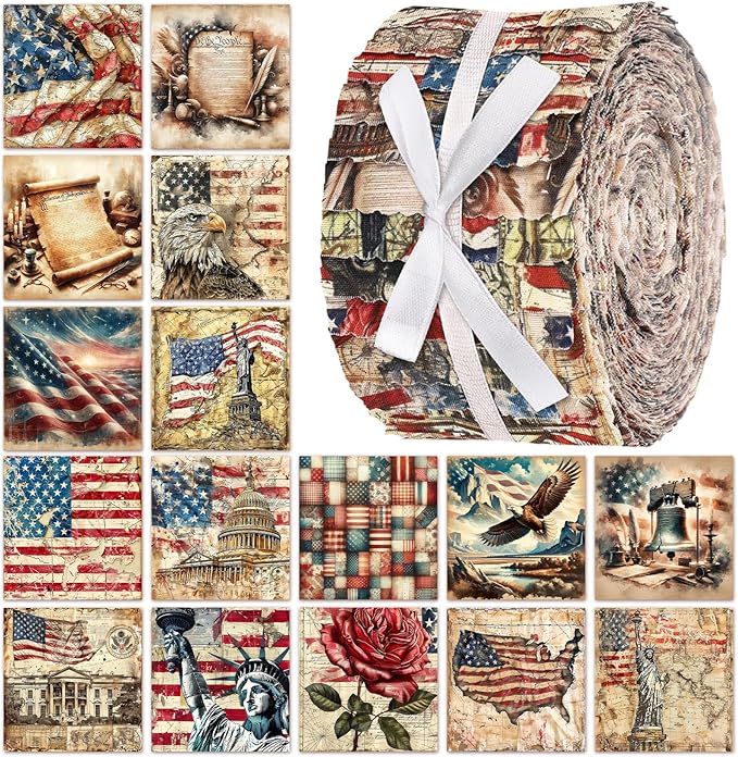 Hosuly 40 Pcs Vintage Patriotic Quilting Fabric Roll Red White Blue Americana by Hosuly