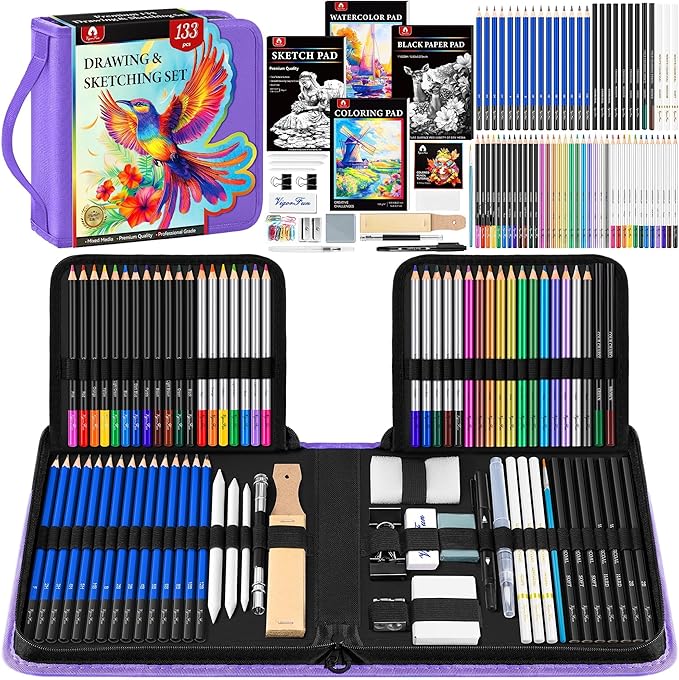 133 PCS Art Supplies Sketching Kit, Pro Drawing Pencils with Sketchbook, Coloring Book, Watercolor Pad, Black Paper Pad, Colored Graphite Charcoal Watercolor & Metallic Pencils for Artists Adults Kids