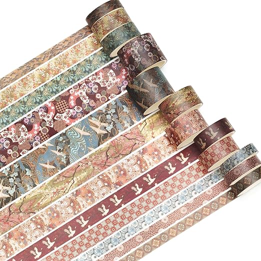 12 Rolls Kyoto Charm Washi Tape Set Japanese Arts Adhesive Tapes Geometric Garden Decorative Masking Tape Sets for Craft, Kids, Scrapbook, DIY, Gift Wrapping (Crimson Fields)