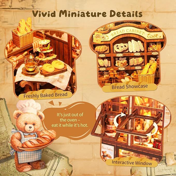 3D Wood Puzzle Bear Bakery LED Dollhouse Book Nook Kit - Miniature Bookshelf Insert DIY Home Decor Gift for Kids and Adults (Bear Bakery)