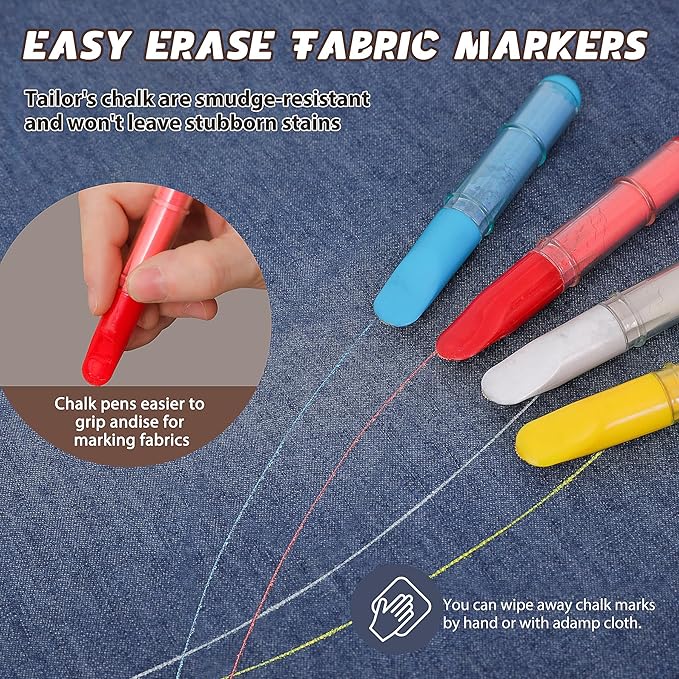Fabric Chalk Markers for Sewing,Quilting,Crafting|Erasable Tailor’s Chalk|Work on Various Fabrics|Dosing Wheel Drawing Intricate Patterns Precise Lines-Per Pack(Blue,White and 1 Ruler)