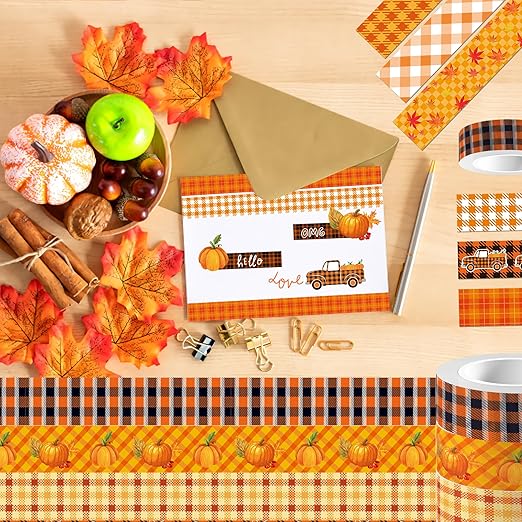 12 Pcs Thanksgiving Washi Tape Fall Maple Leaf Masking Tape Pumpkin Pattern Decorative Paper Sticker for Fall Party Holiday Scrapbook DIY Craft Gift Wrapping Handbook Sticker
