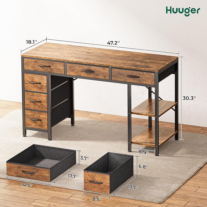 Huuger Computer Desk with 6 Drawers, Office Desk with Shelves, Reversible - Image 3