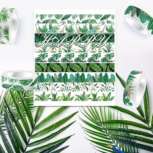 Greenery Washi Tape Set 12 Rolls, Tropical Leaves Masking Tape Hawaii Green Plants Cactus Summer Greenery Decorative Stickers for Note Scrapbook Handbook Sticker Gifts Wrapping DIY Art Crafts