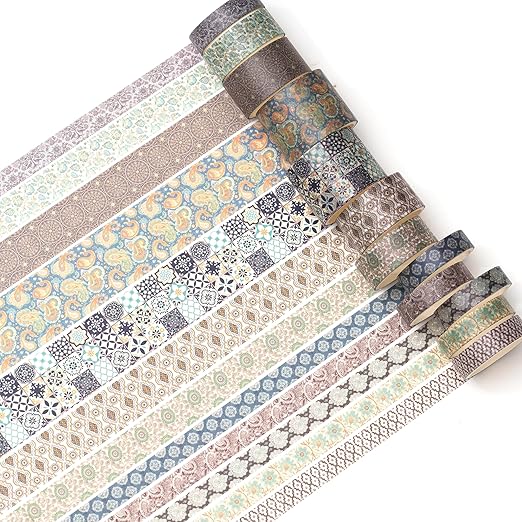 12 Rolls Exotic Charm Washi Tape Set Floral Arts Adhesive Tapes Geometric Garden Decorative Masking Tape Sets for Craft, Kids, Scrapbook, DIY, Gift Wrapping (Amber Tranquility)