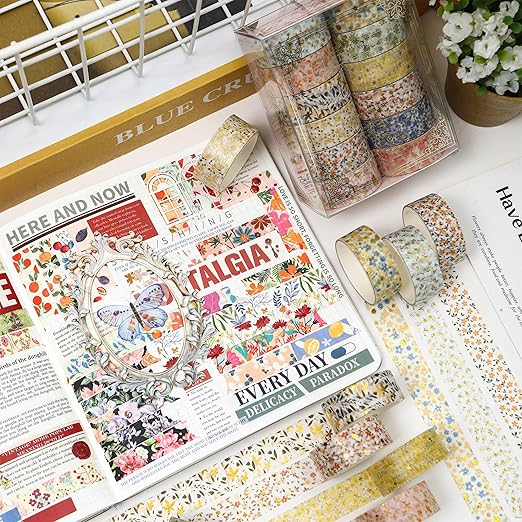 12 Rolls Charming Washi Tape Set Gold Silver Foil Detailing Arts Adhesive Tapes Basic Patterns Decorative Masking Tape Sets for Craft, Kids, Scrapbook, DIY, Gift Wrapping (Spring Bloom)
