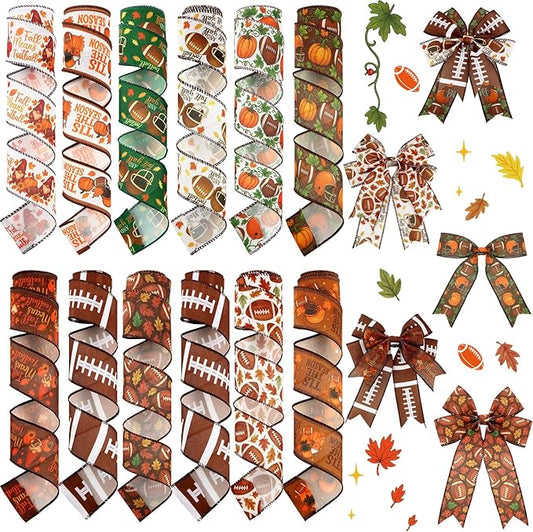 12 Rolls Fall Football Wired Edge Ribbon for Wreaths 2 Inch x 60 Yards Maple Leaves Pumpkin Football Print Ribbon Crafts for Thanksgiving Harvest Party Decorative Supplies, 12 Styles