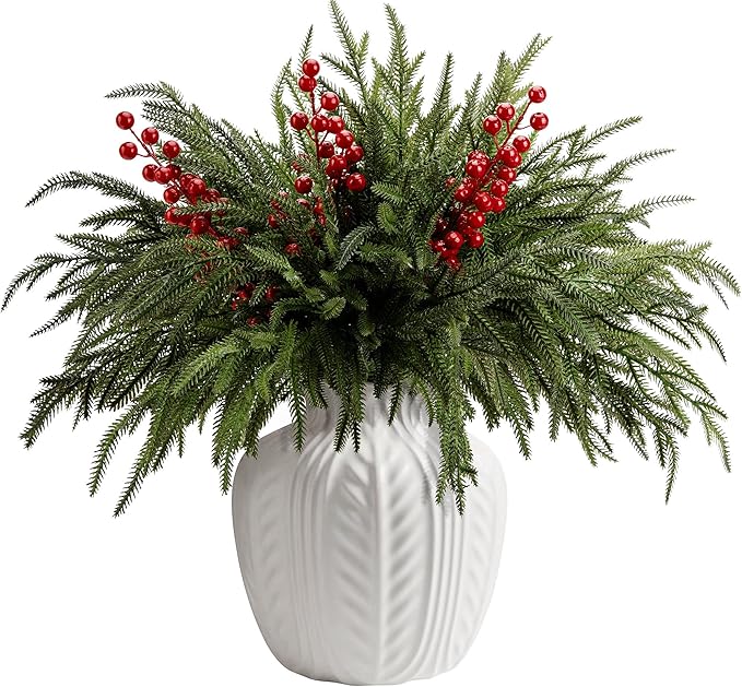 25 Pcs Christmas Norfolk Pine Branches with Red Berry Stems, 19" Extra Long Fake Greenery Norfolk Pine Stems Sprigs, Artificial Xmas Branches Plants Pine Leaves for DIY Craft Garland Home Decor