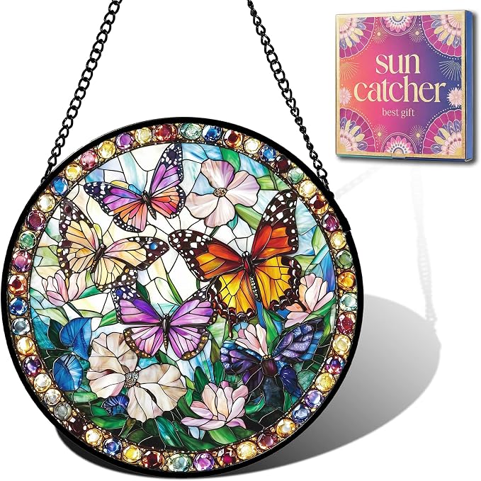 Butterfly Flower Acrylic Suncatcher Faux Stained Glass Window Hanging 9.8" | by Unknown