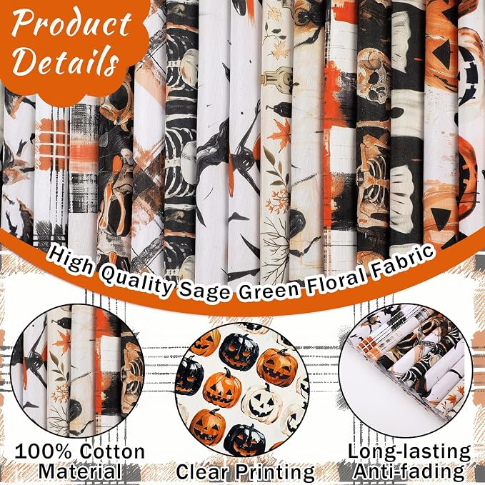 HunnmingRe 20 Pcs 10''x10'' Halloween Quilting Fabric Square Spooky Ghost - Image 4